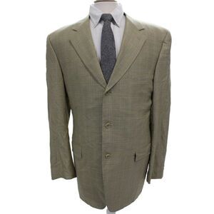 Canali Mens Beige Wool Plaid Blazer Button Closure Fall Size 54